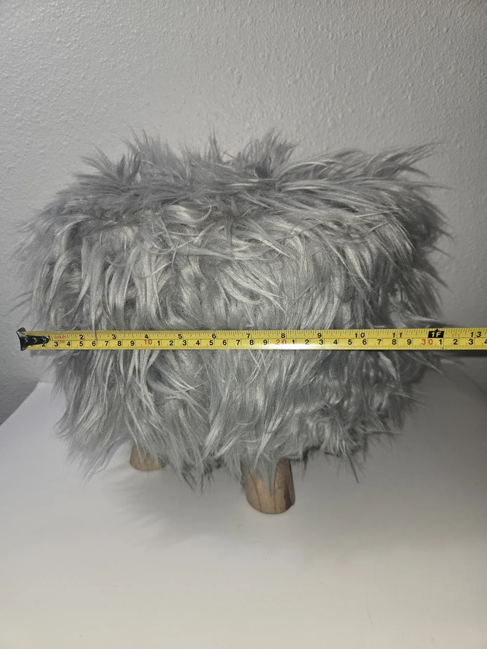 Faux Fur Gray Accent Stool with Wooden Legs